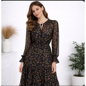 Christy Lynn Floral Maxi Dress Medium Sheer Black Leaf Long Sleeve Silk Blend